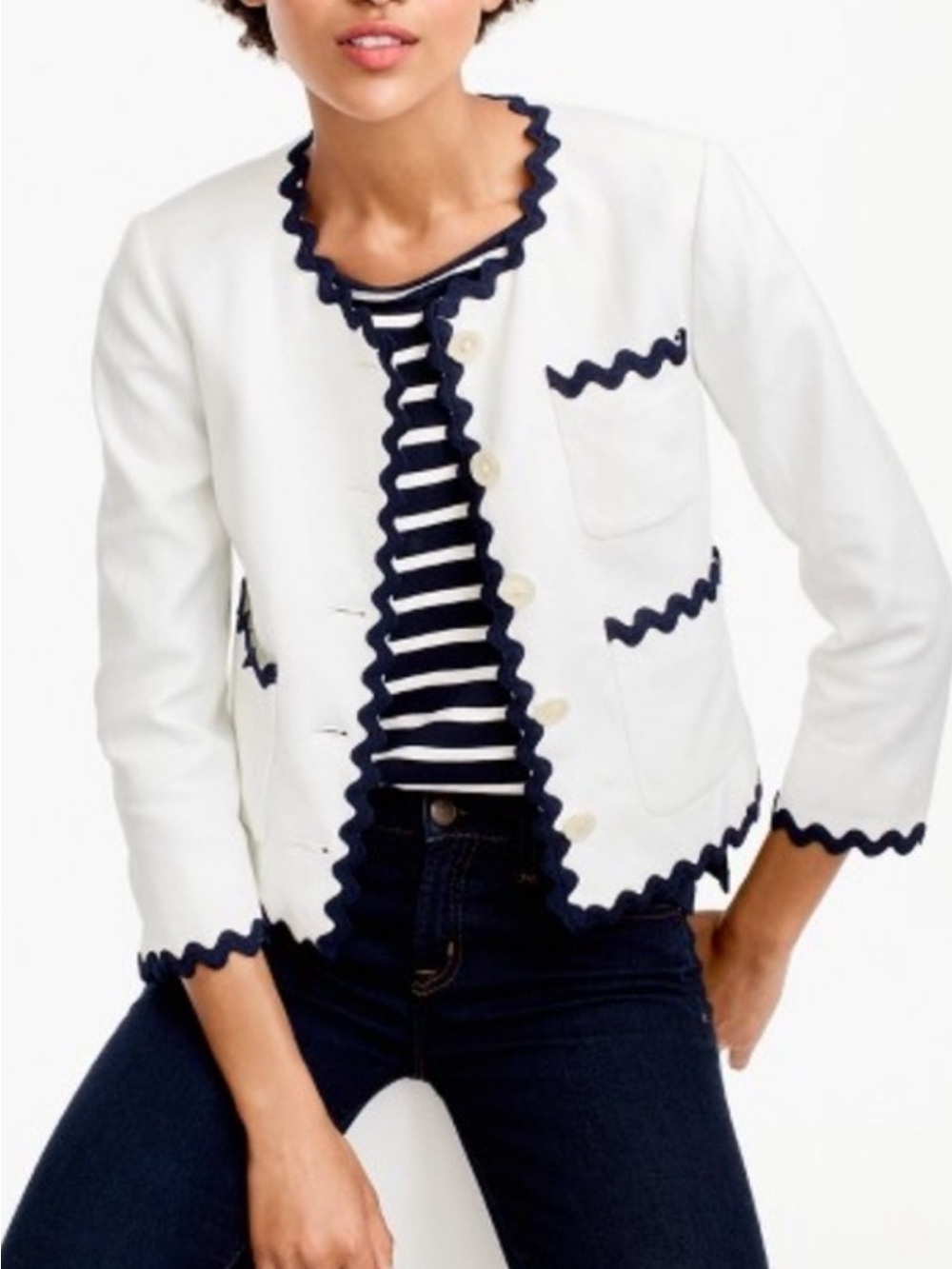 J. Crew White Cropped jacket  with Navy ric rac nwt